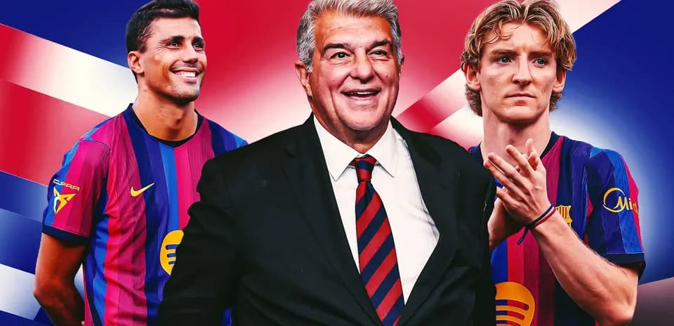 Joan Laporta avec deux joueurs de Barcelone en arrière-plan
