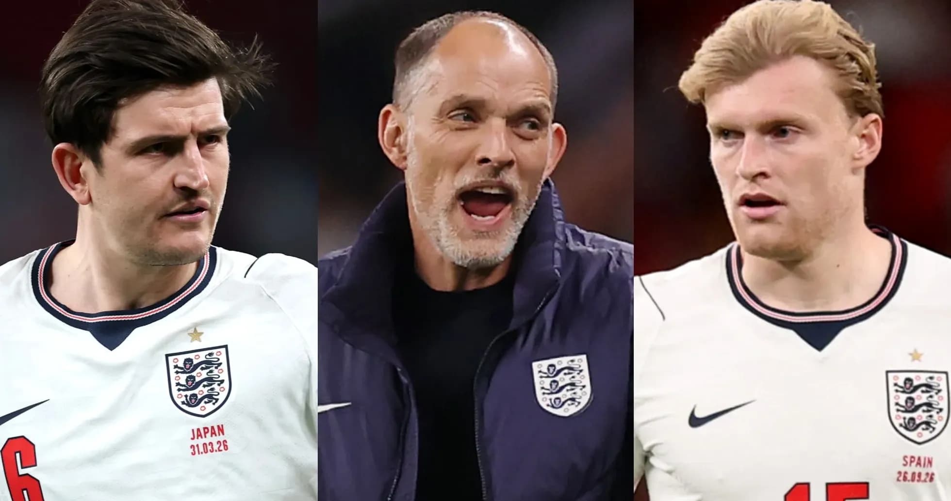 Trois hommes en maillots de l'équipe d'Angleterre