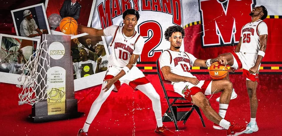 Joueurs de Maryland en tenue de basketball avec trophée