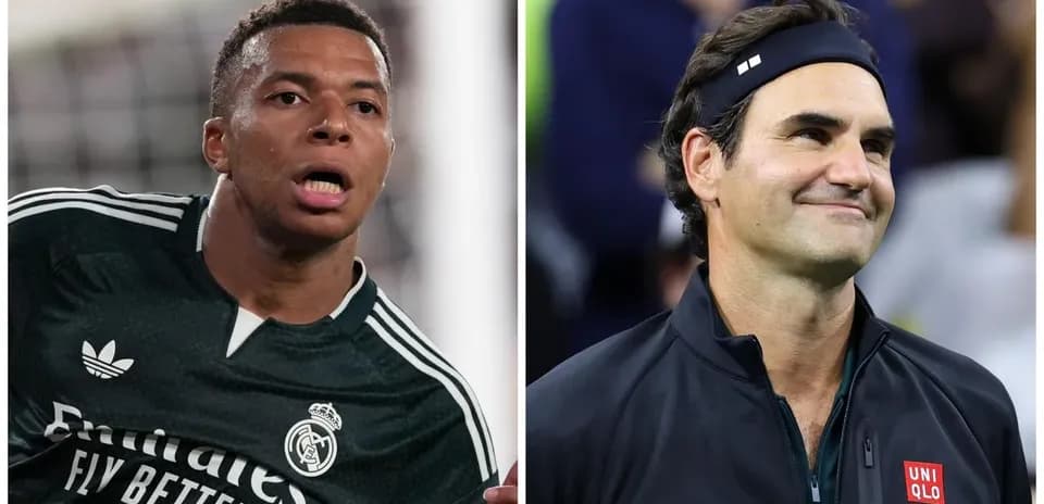 Kylian Mbappé en maillot du Real Madrid et Roger Federer