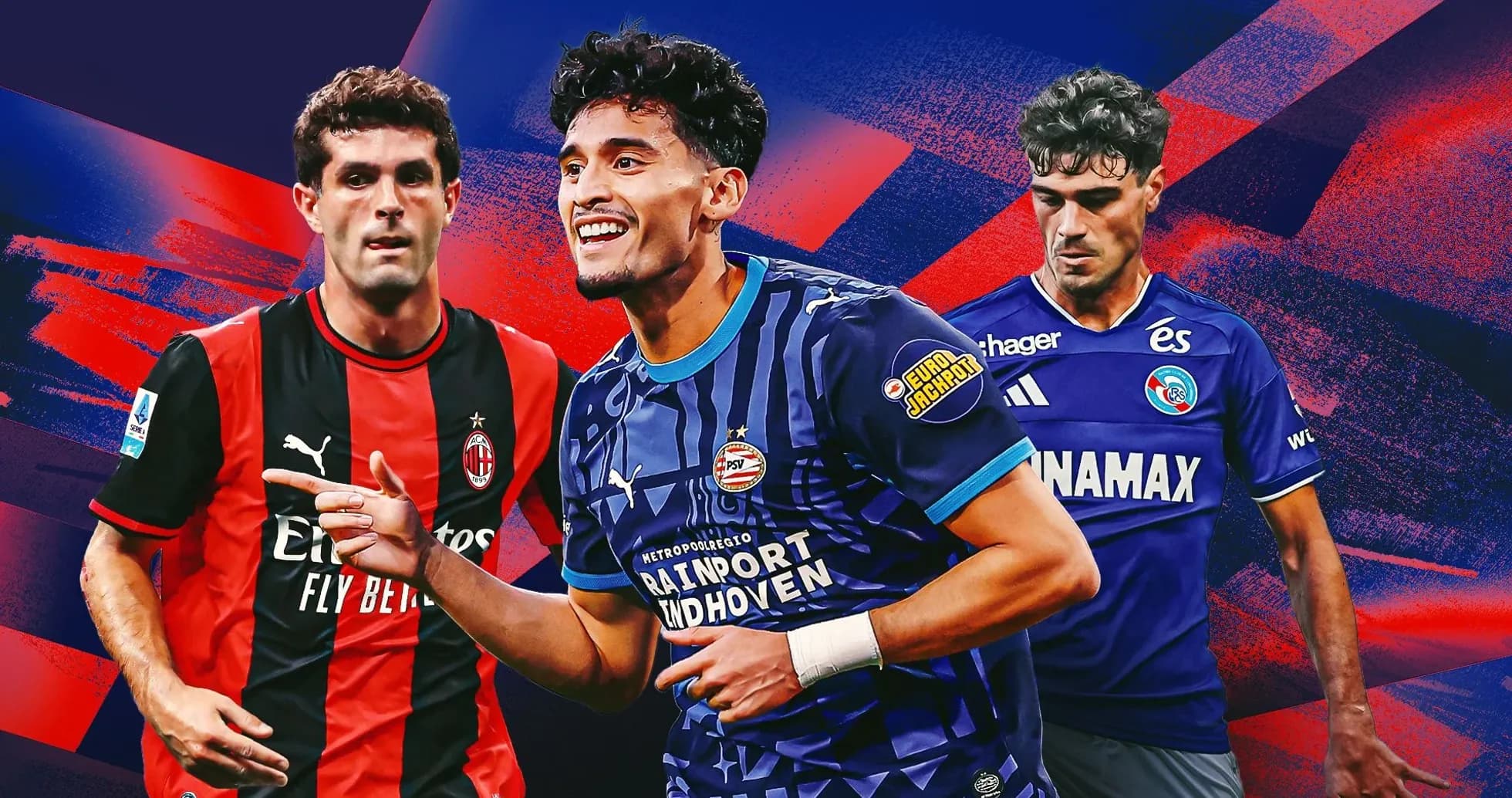 Trois joueurs en maillots d'équipes de football