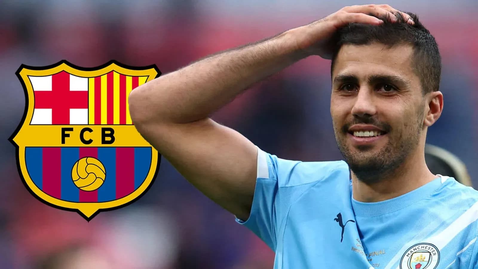 Joueur saluant avec les logos de Barça et Manchester City