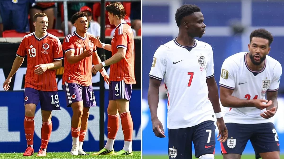 Joueurs de Colombie et d'Angleterre discutant sur le terrain