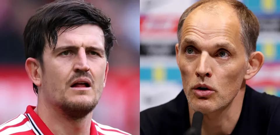 Harry Maguire and Thomas Tuchel in separate settings