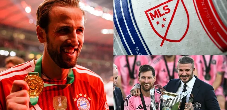 Harry Kane celebrating with medal and MLS logo