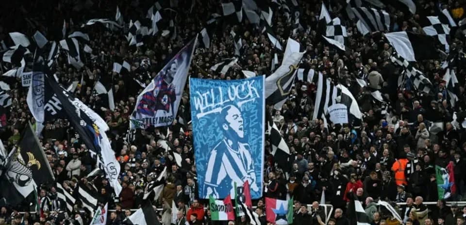 Supporters waving flags in a stadium
