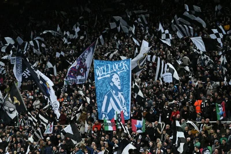 Supporters waving flags in a stadium