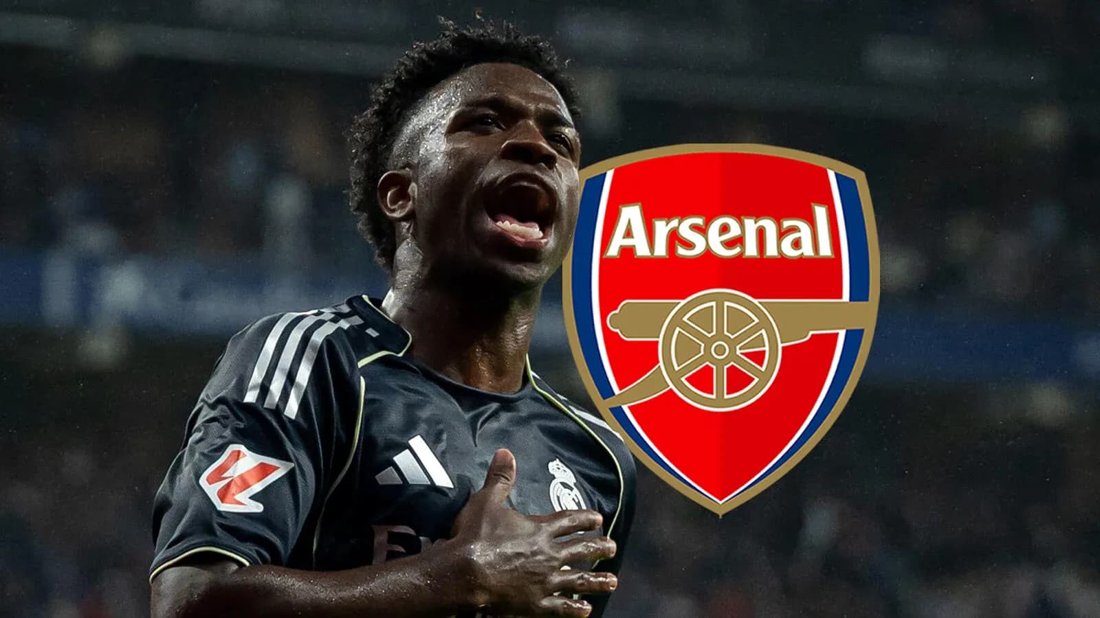 Joueur célébrant un but avec logo d'Arsenal en arrière-plan