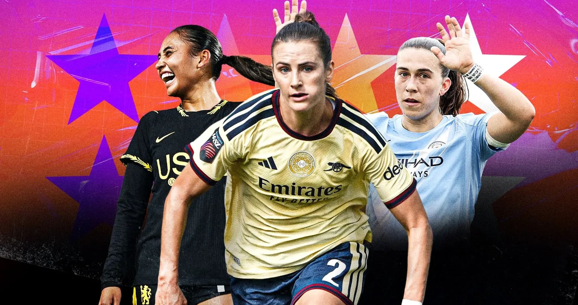 Trois joueuses de football avec des maillots d'équipes différentes