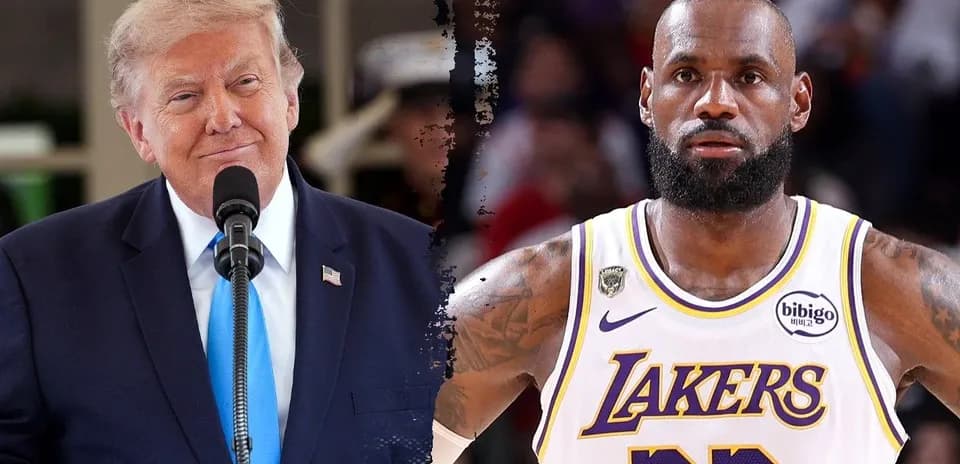 Donald Trump speaking and LeBron James in uniform