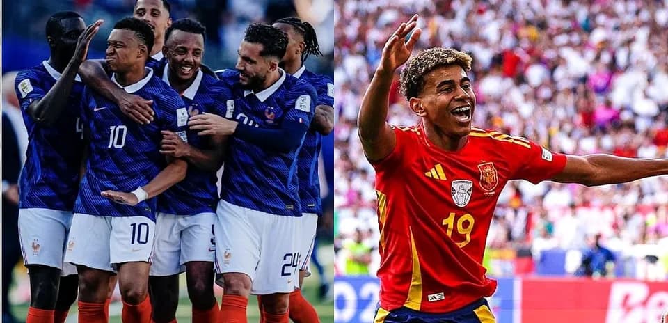 Joueurs de France et Espagne célébrant un but