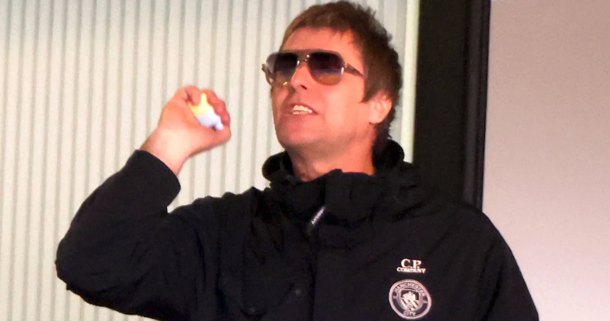 Person gesturing while wearing sunglasses indoors