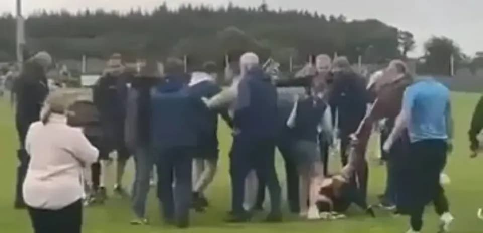 Supporters gathered on the field during altercation