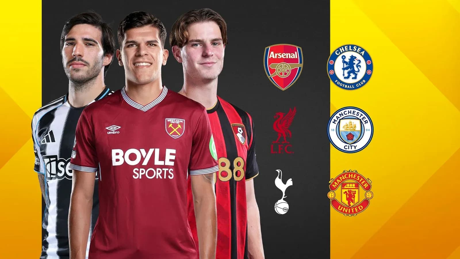 Trois joueurs en maillots d'équipes de football anglais