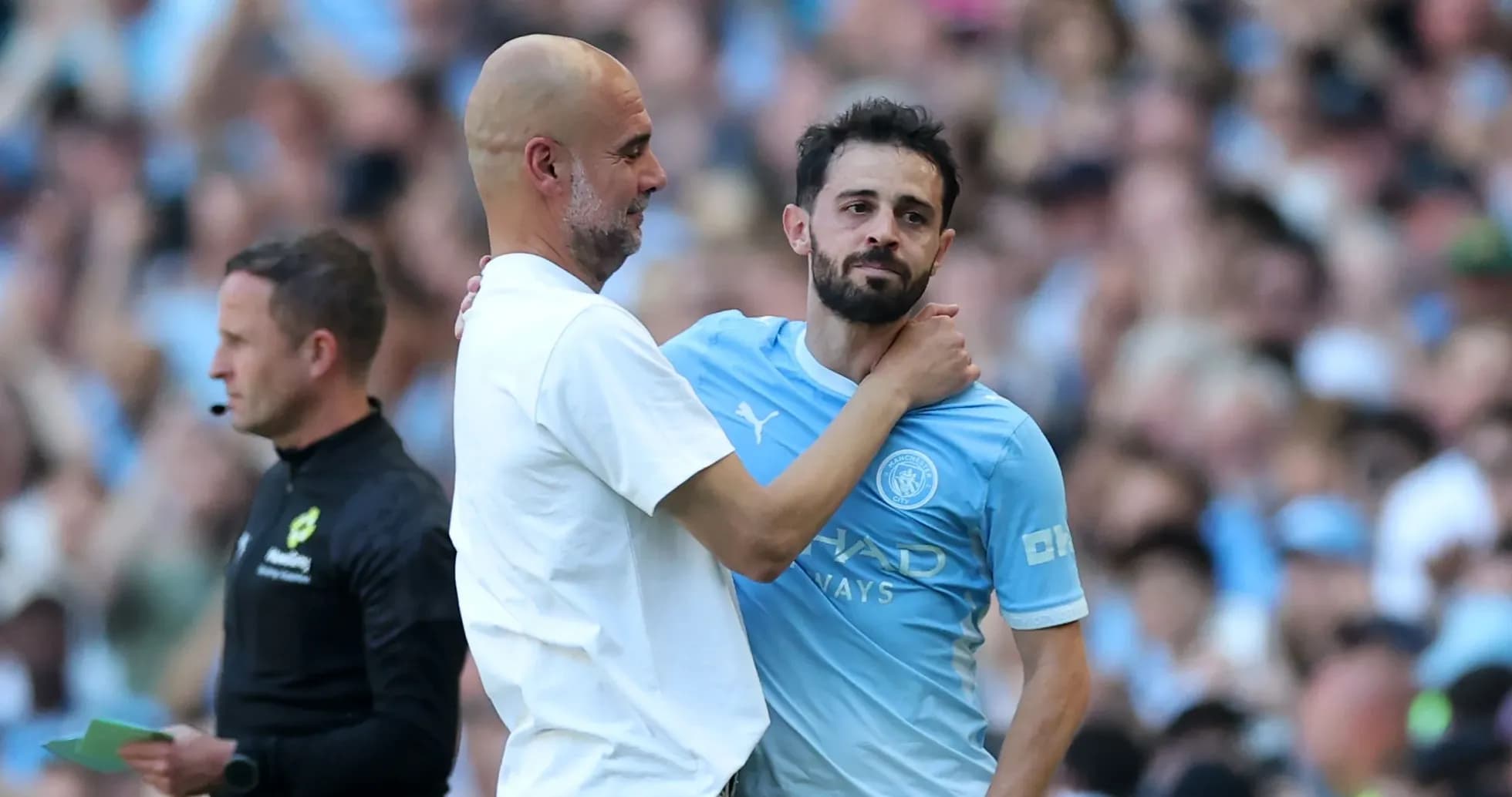 Bernardo Silva and Pep Guardiola on the sideline