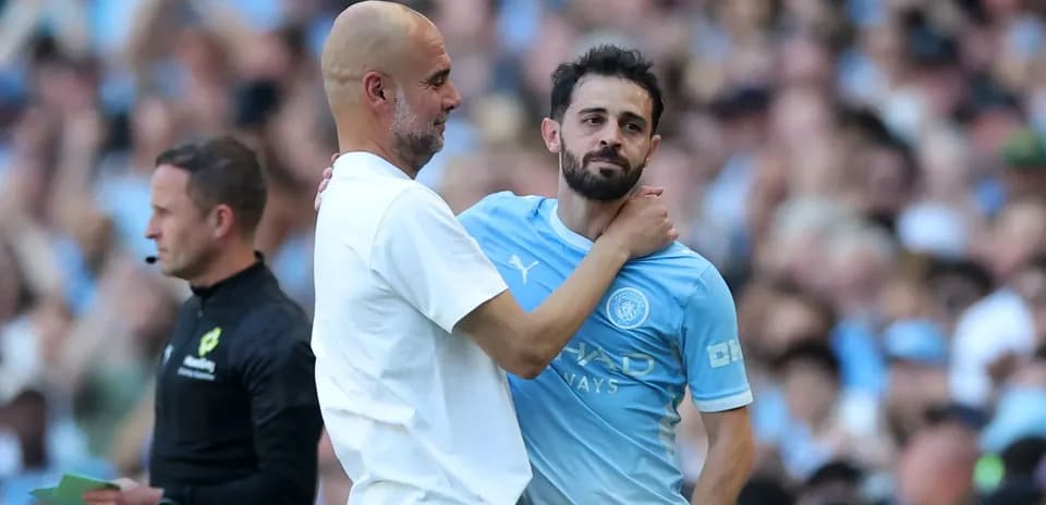 Bernardo Silva and Pep Guardiola on the sideline