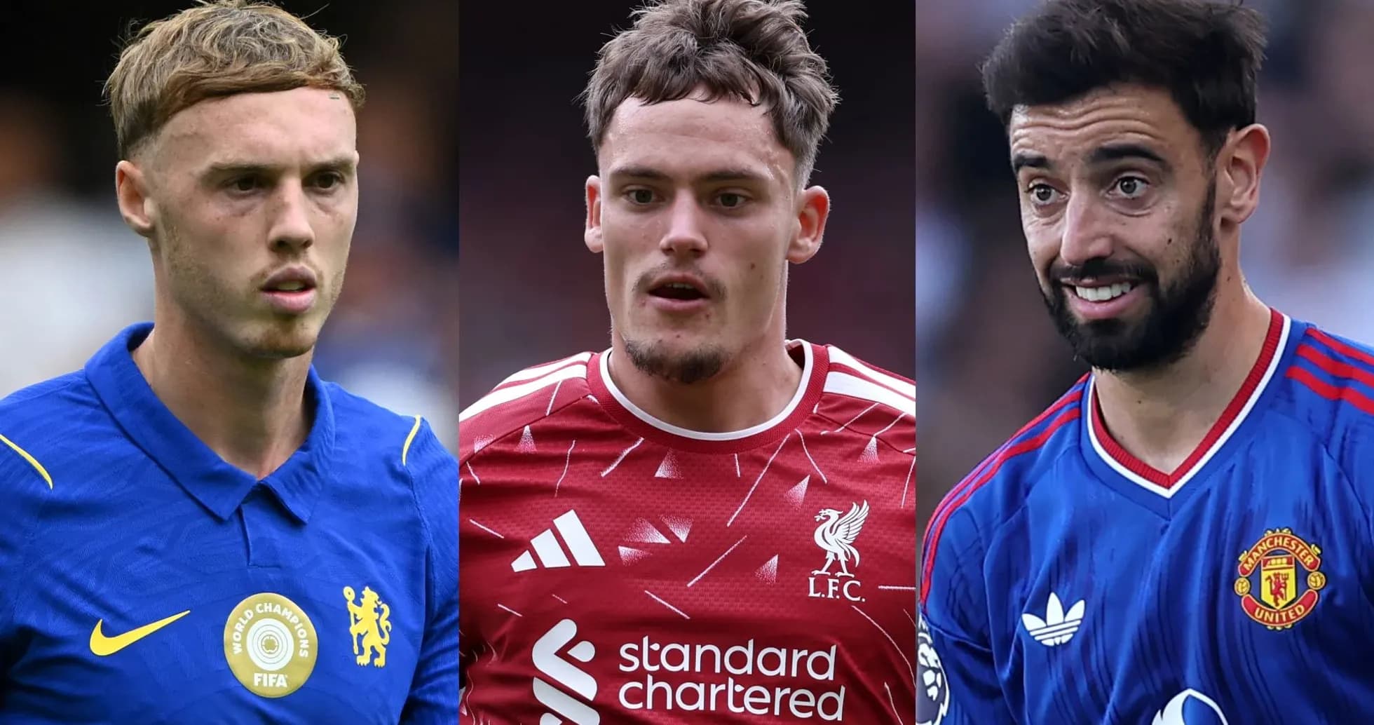 Trois joueurs de football en maillots d'équipe