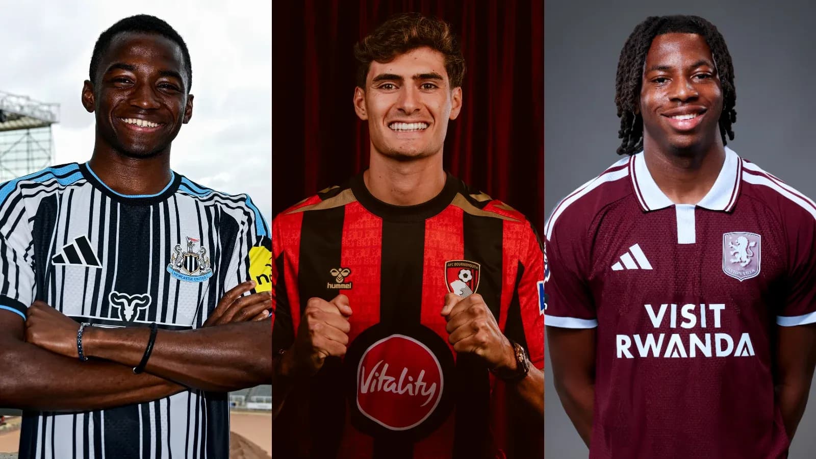 Trois joueurs de football portant des maillots d'équipe