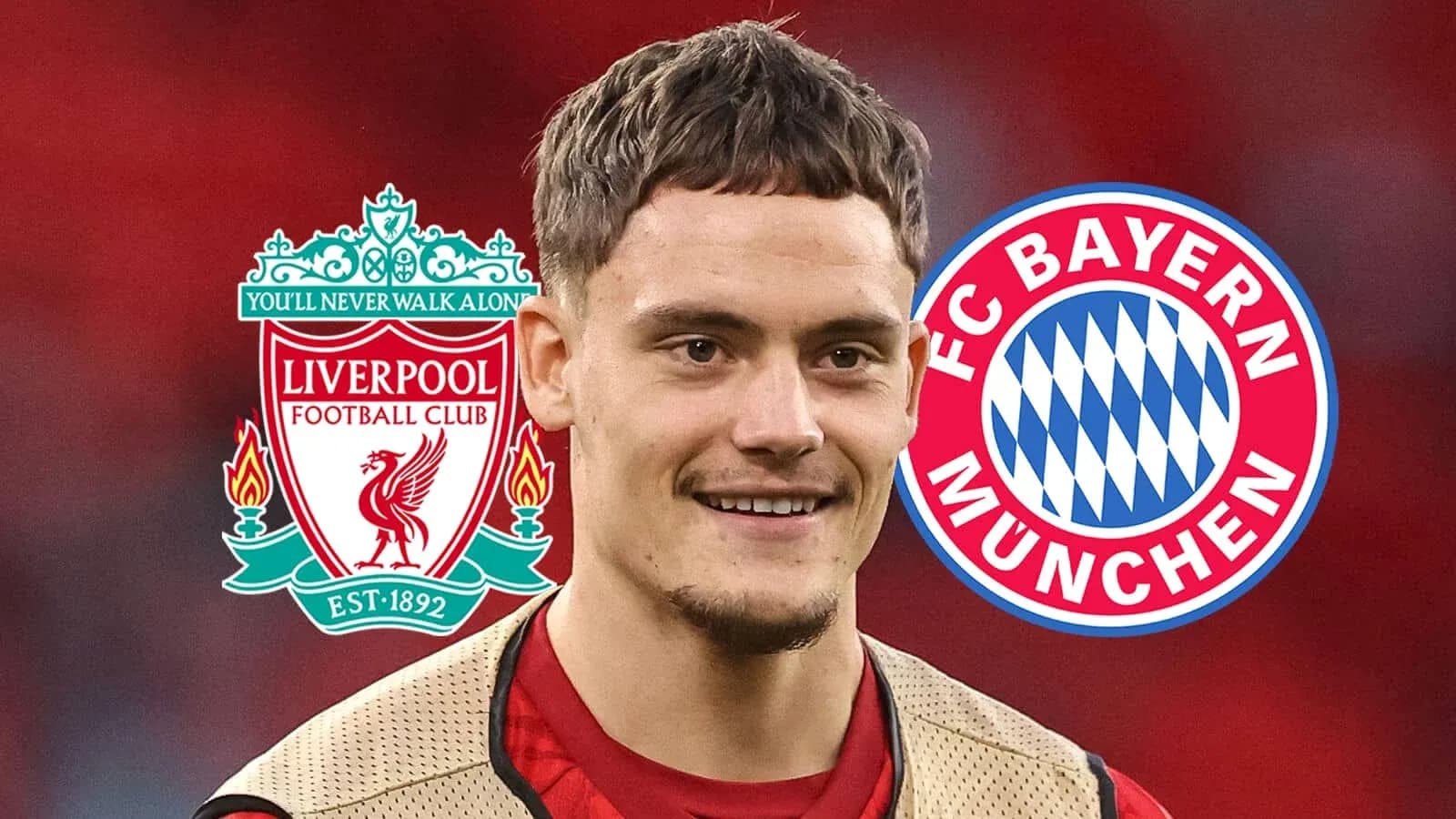 Joueur souriant avec logos de Liverpool et Bayern Munich