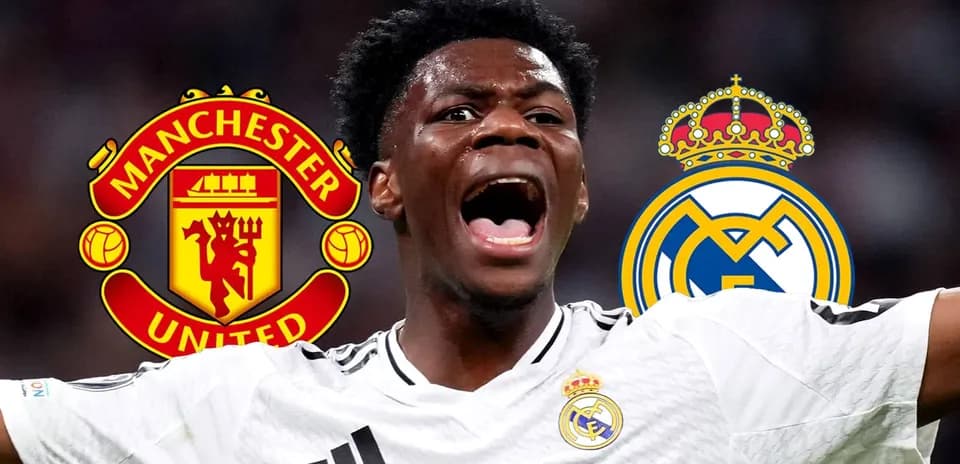 Joueur célébrant avec logos de Manchester United et Real Madrid