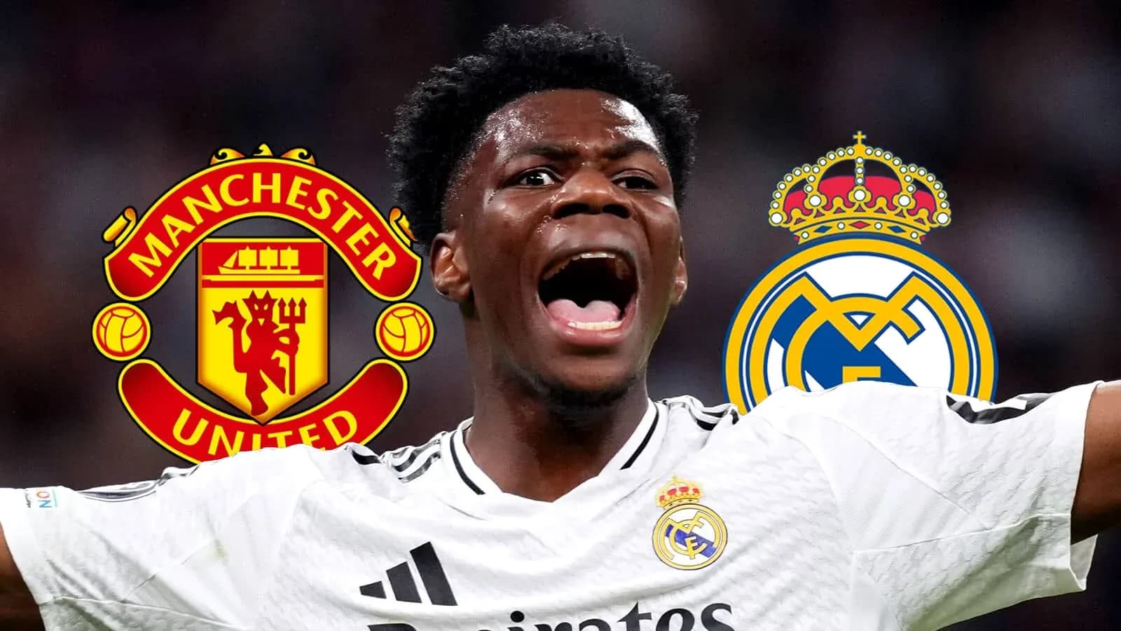 Joueur célébrant avec logos de Manchester United et Real Madrid