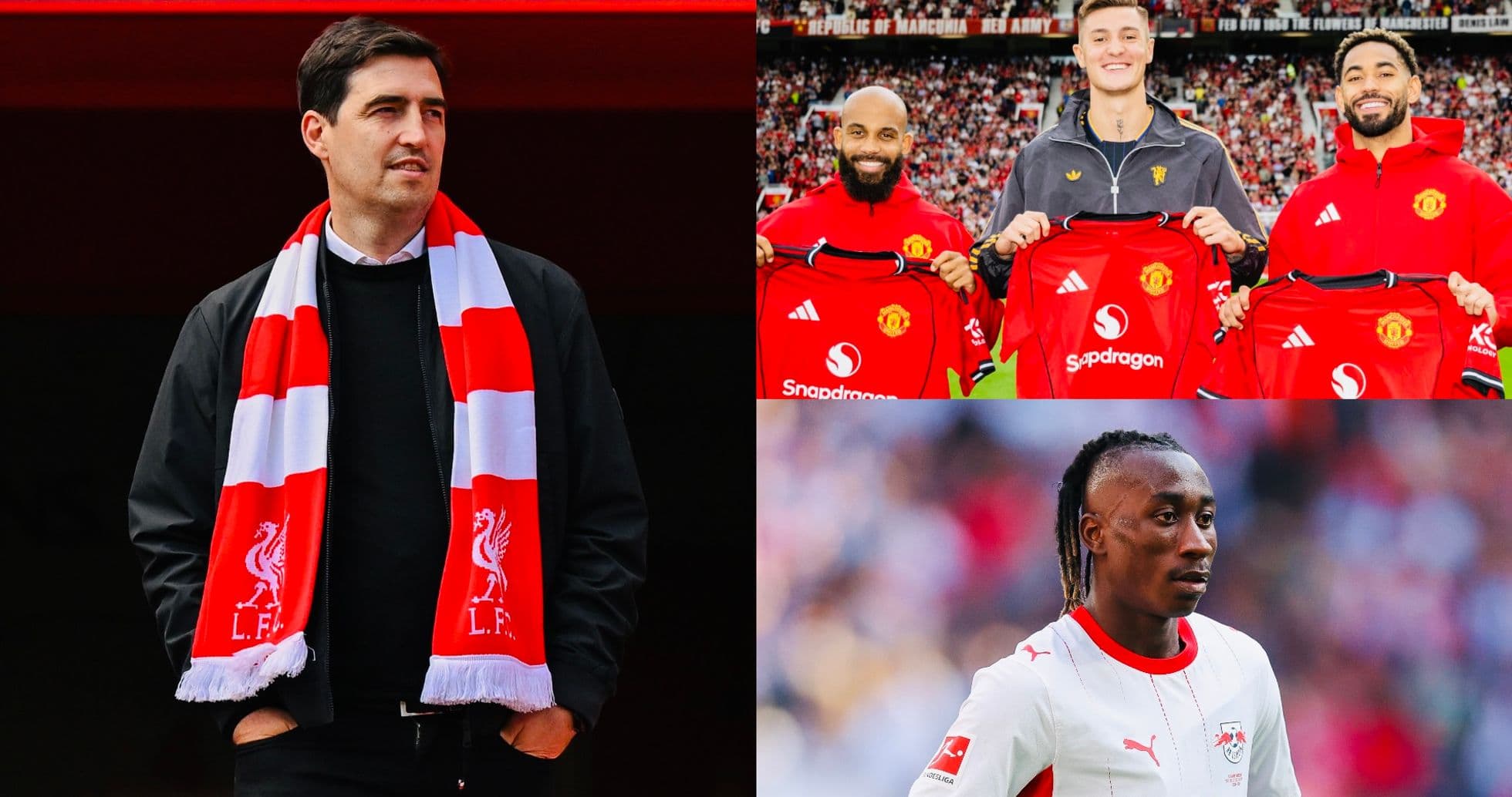 Entraîneur avec écharpe Liverpool et joueurs Manchester United
