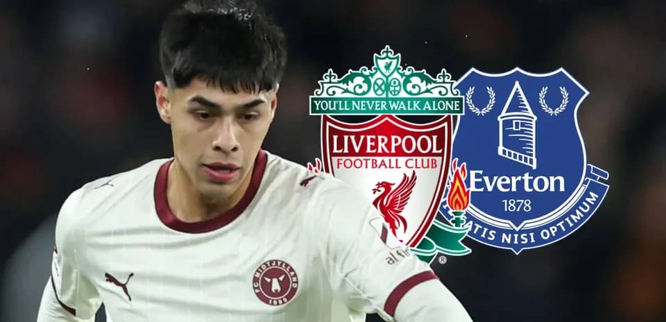 Joueur en action avec logos de Liverpool et Everton
