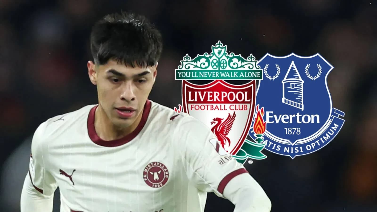 Joueur en action avec logos de Liverpool et Everton