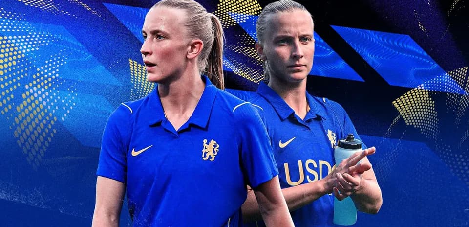 Joueuse en maillot bleu de Chelsea sur fond graphique