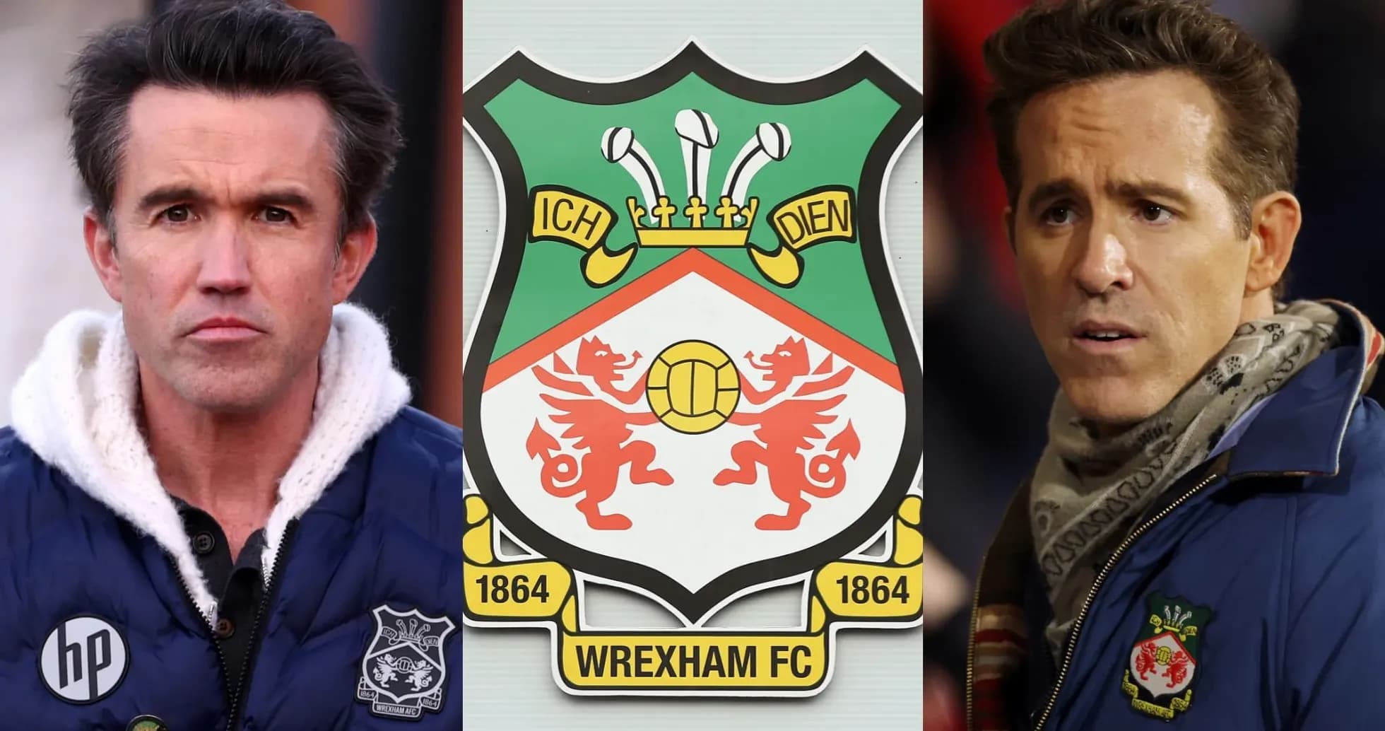 Deux hommes à côté du logo de Wrexham FC