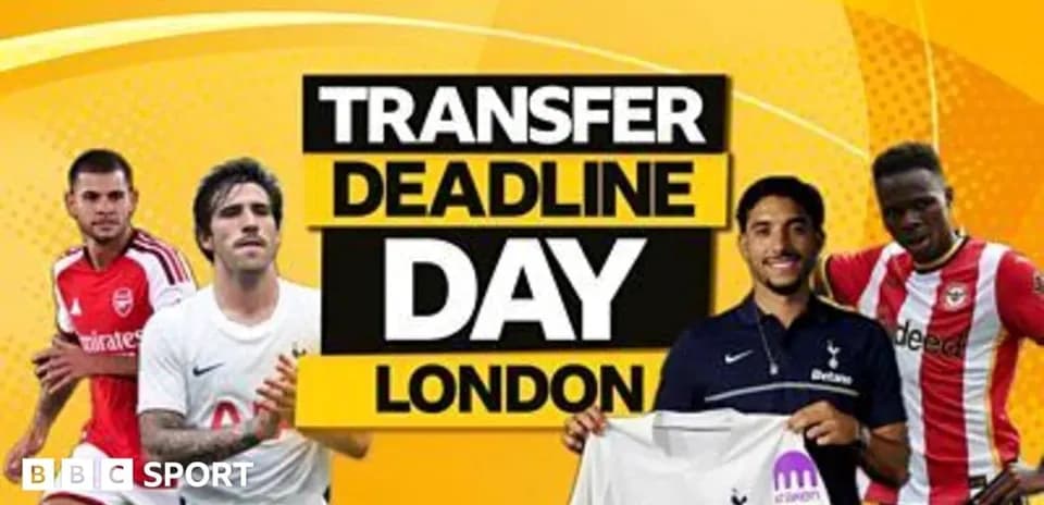 Joueurs de football avec texte 'Transfer Deadline Day London'