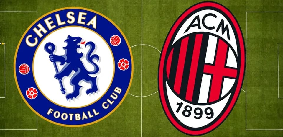 Logos de Chelsea et AC Milan sur terrain de football