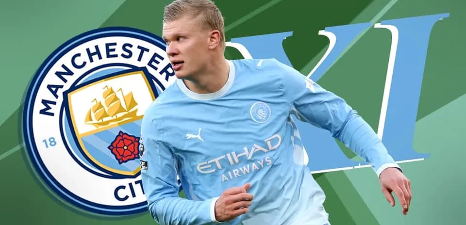 Joueur de Manchester City en action sur fond de logo