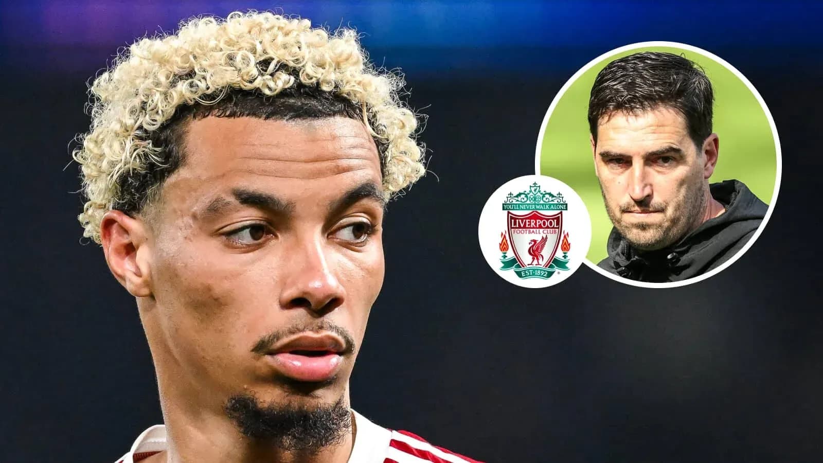 Joueur avec cheveux bouclés, logo de Liverpool en arrière-plan