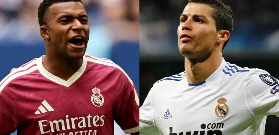 Kylian Mbappé et Cristiano Ronaldo en maillots du Real Madrid