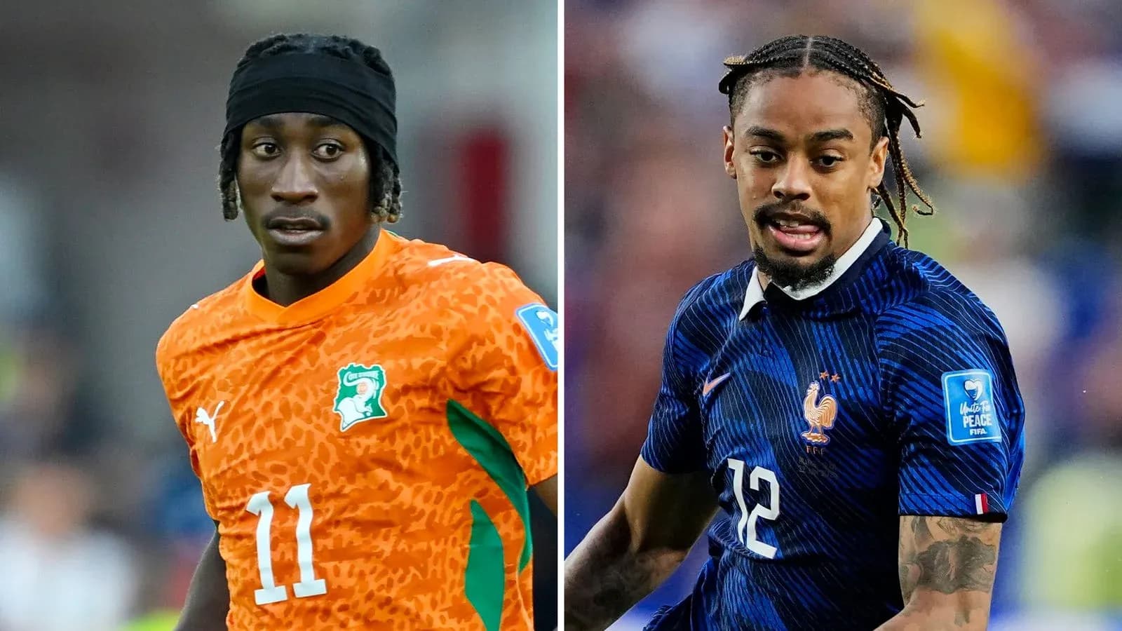 Joueurs en maillots de Côte d'Ivoire et France sur le terrain