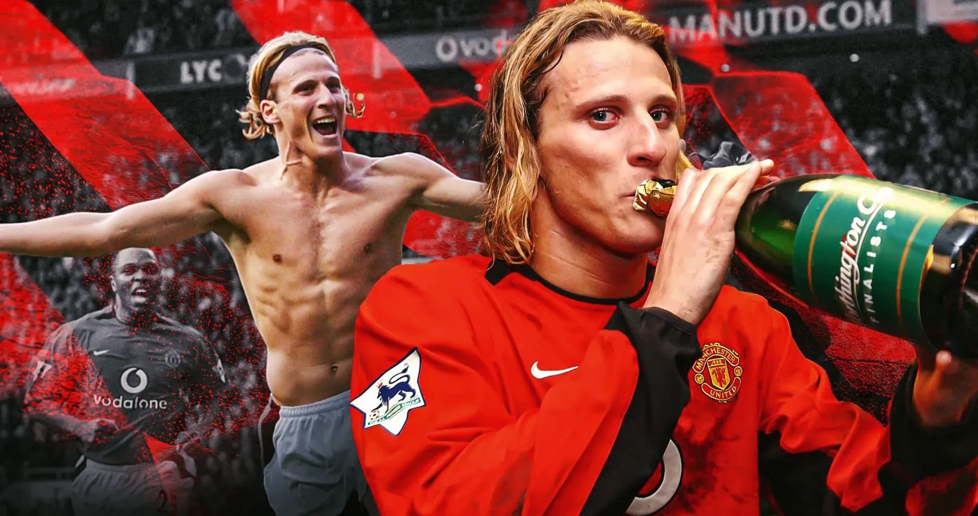 Joueur de Manchester United célébrant avec une bouteille
