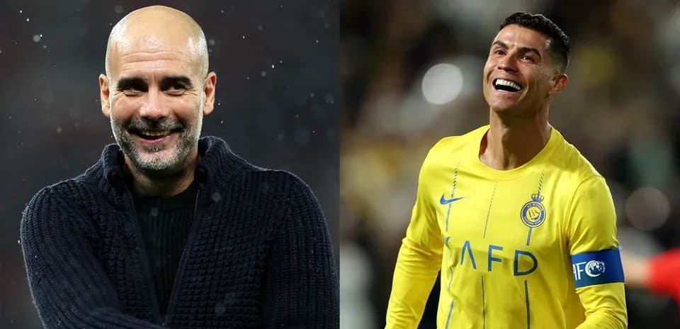 Pep Guardiola souriant et Cristiano Ronaldo en célébration