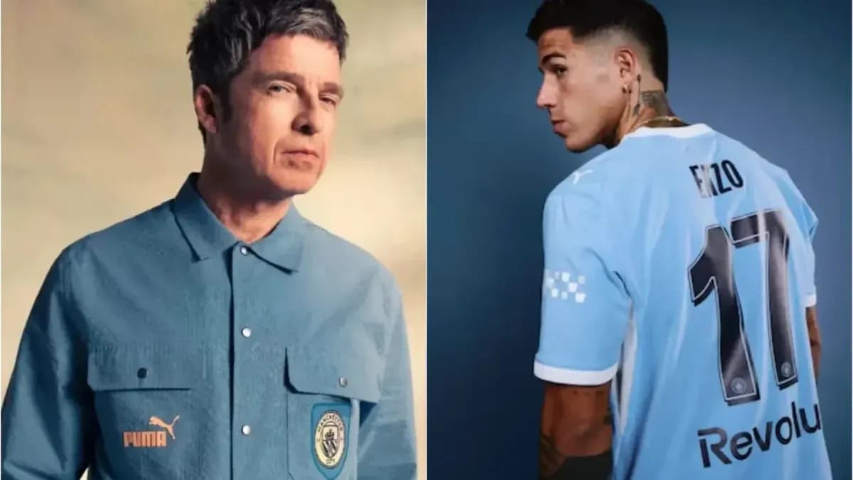 Person in blue shirt and football player in jersey