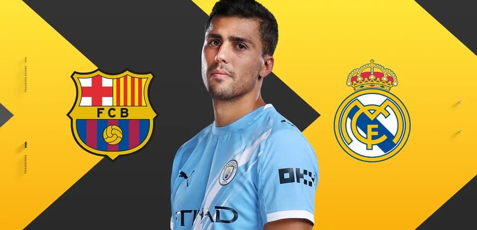 Joueur de Manchester City entre les logos de Barça et Madrid