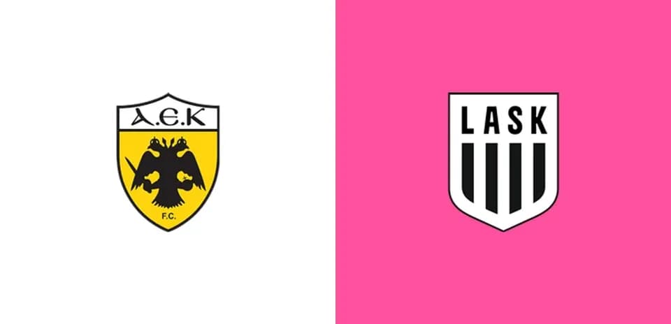Logos d'A.E.K. et LASK sur fond coloré