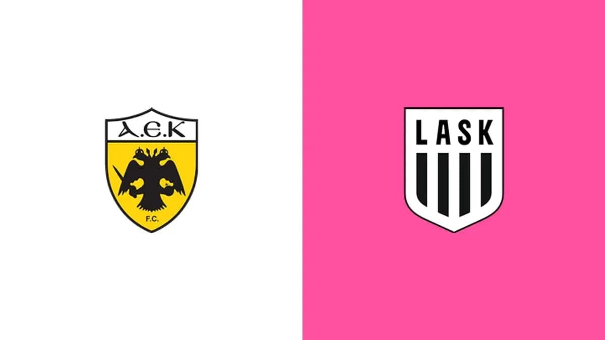 Logos d'A.E.K. et LASK sur fond coloré