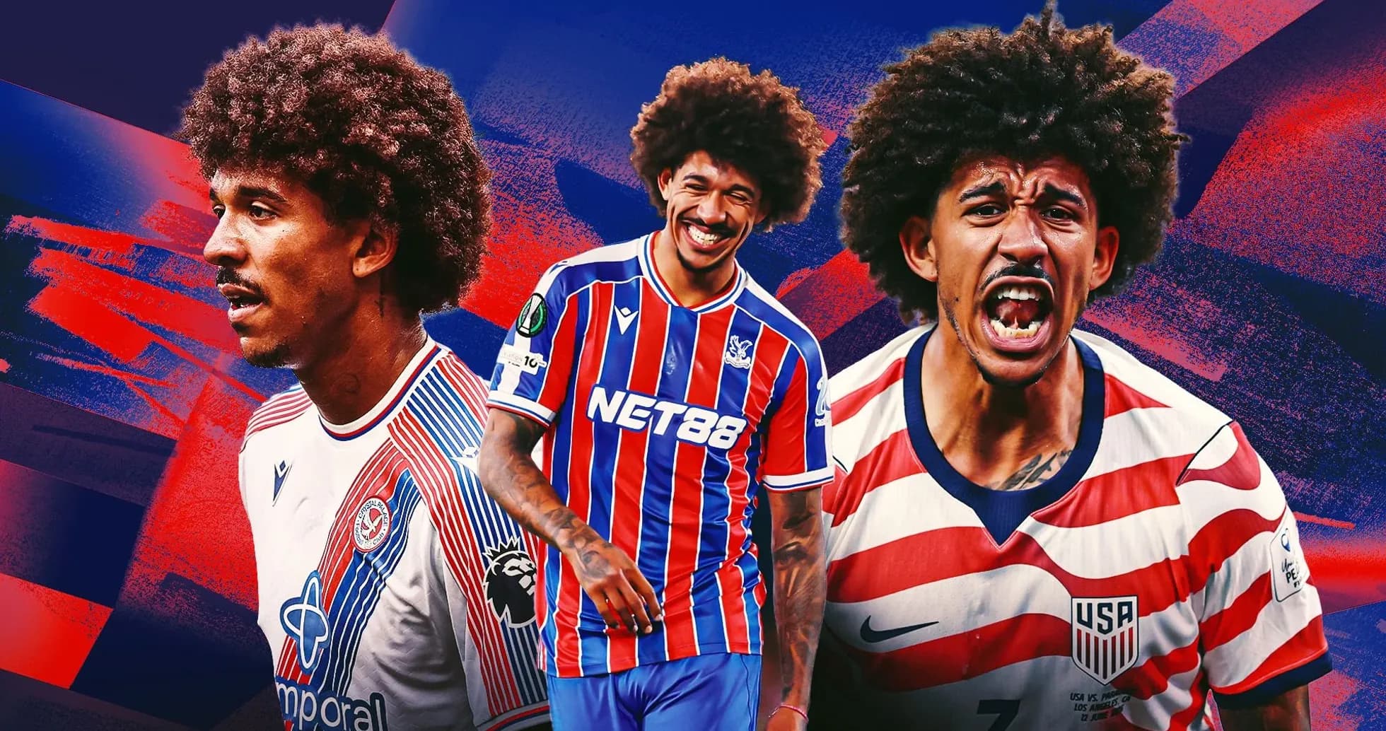 Trois images d'un joueur de football avec cheveux frisés