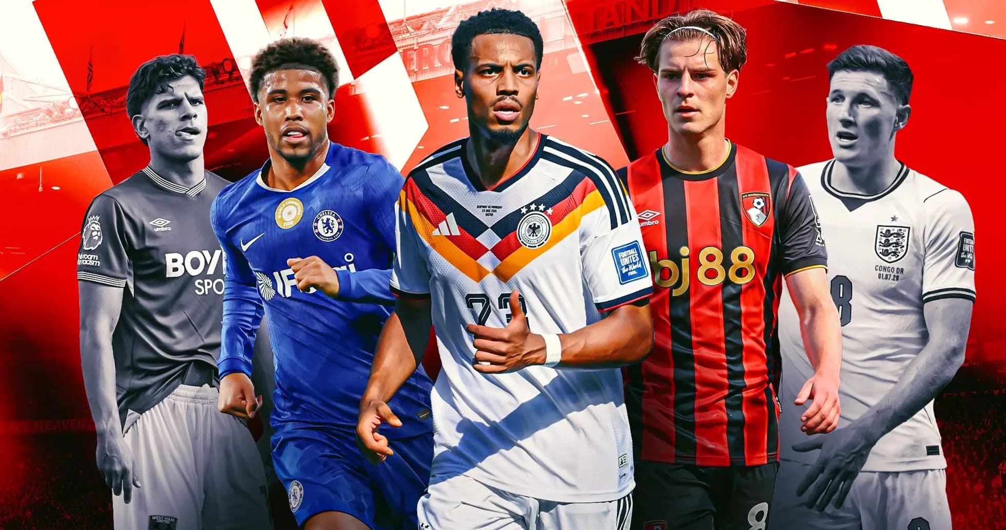 Cinq joueurs de football en tenues différentes
