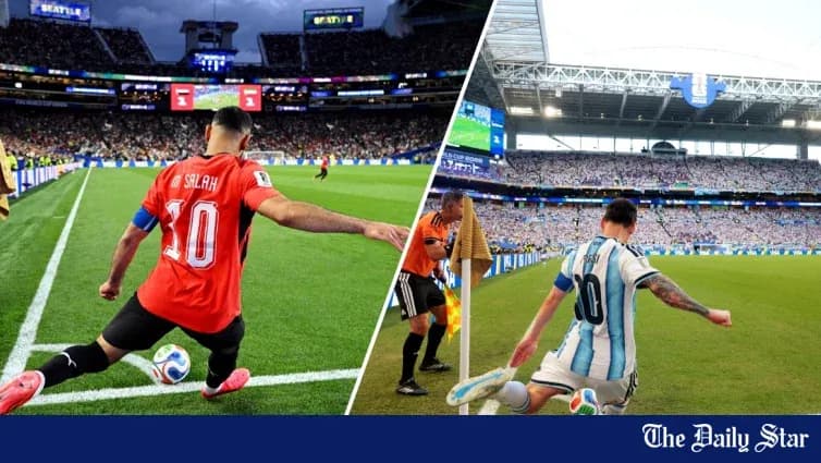 Salah and Messi taking corner kicks in stadiums