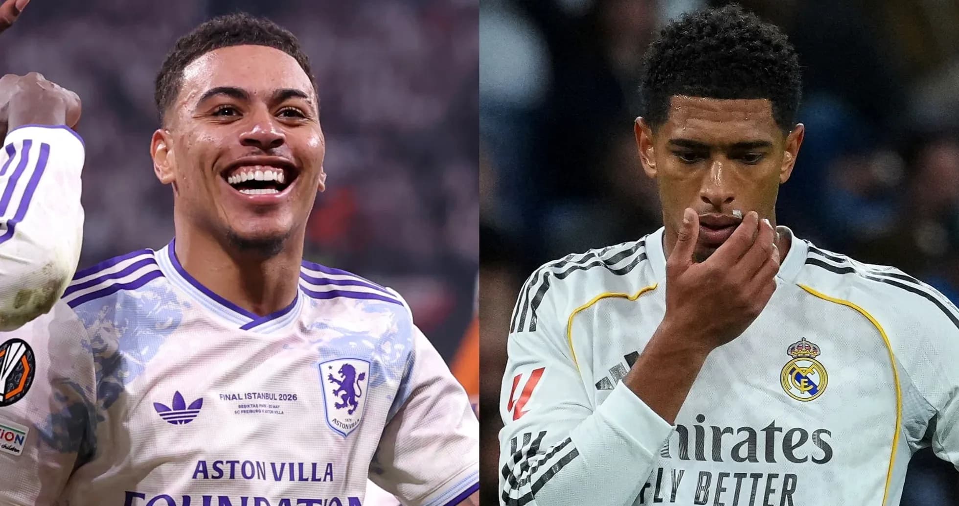 Deux joueurs de football, l'un souriant, l'autre pensif