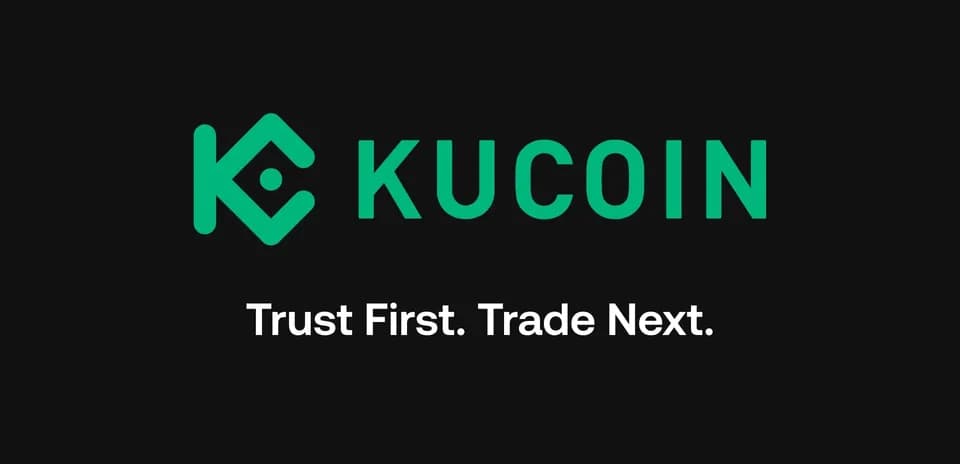Logo de KuCoin avec slogan sur fond noir