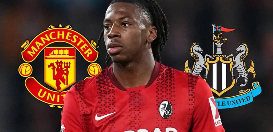 Joueur de football avec logos de Manchester United et Newcastle