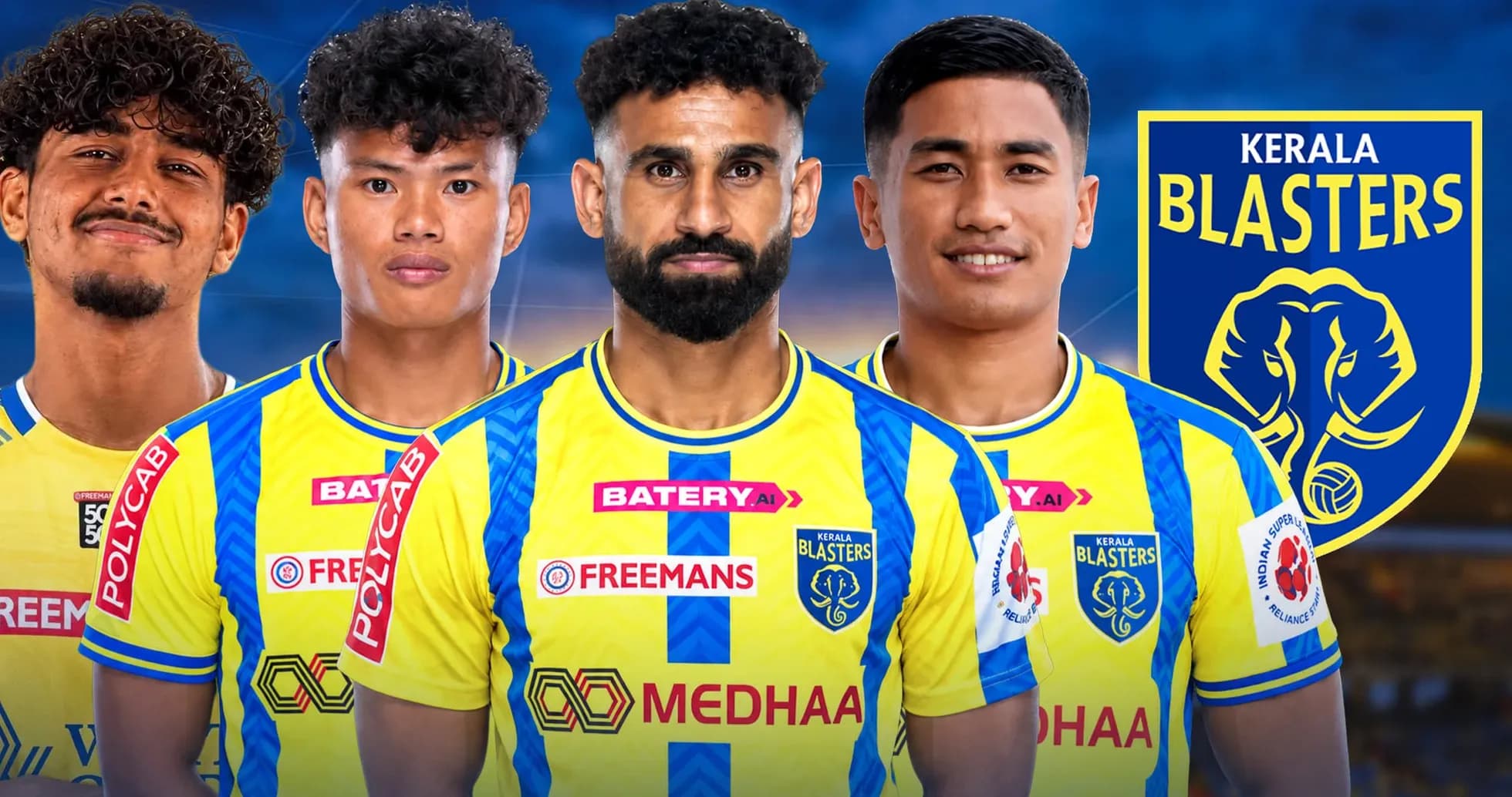 Joueurs de Kerala Blasters en maillots jaunes et bleus