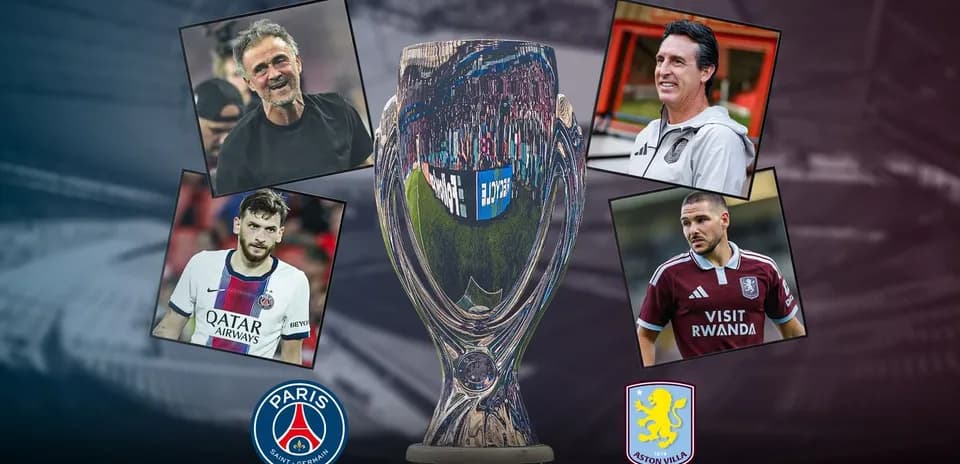 Trophée avec entraîneurs et joueurs de PSG et Aston Villa